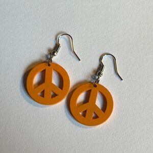 Handmade Orange Wooden Peace Sign Earrings – Trendy Boho Statement Jewelry